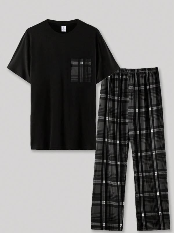 Men's Round Neck Single Pocket Shirt And Plaid Print Pants Pajama Set