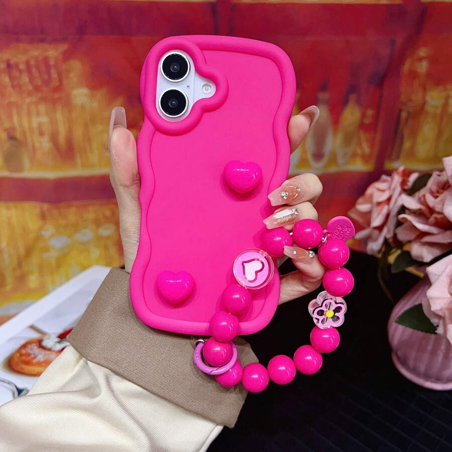1 件紫红色波浪糖果形光滑纹理心形珠子手机挂绳保护壳，适用于 iPhone 16/Galaxy/Redmi/OPPO/OnePlus/Moto/Tecno Spark Go 2024/Infinix，奢华全覆盖