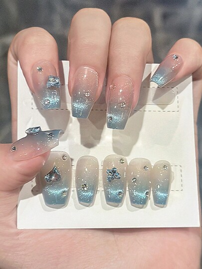 10Pcs Coffin Shape Nails With Iridescent Butterfly, Cat Eye, Rhinestone Decorations, Long Ballerina Style False Nails, Elegant Manicure Set For Party, Wedding, Daily Wear, Reusable Press-On With 1Pc Nail File & 1Pc Cuticle Stick Nail Supplies Nails