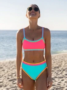 Colorblock Trim Bikini Set, Summer Beach - Red - View 4