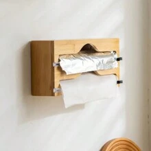 2 Fächer Küchenfolie Spender mit Alufolie Schneidebox, Bambus Frischhalte-Tüten Schneidhalter, Mehrzweck Frischhalte-Tüten Organizer Küchenhelfer