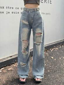 Washed Ripped Wide Leg Jeans - Blue - View 1