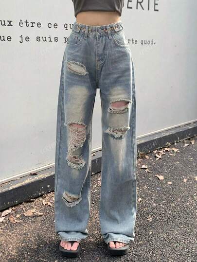 Washed Ripped Wide Leg Jeans