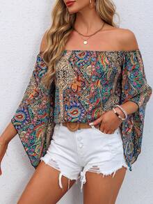 Summer Fashion Vintage Women Paisley Print Elegant Open Shoulder Flare Sleeve Top, Casual Vacation Apparel Off Shoulder 3/4 Sleeve Printed Blouse
