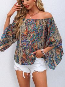 Summer Fashion Vintage Women Paisley Print Elegant Open Shoulder Flare Sleeve Top, Casual Vacation Apparel Off Shoulder 3/4 Sleeve Printed Blouse