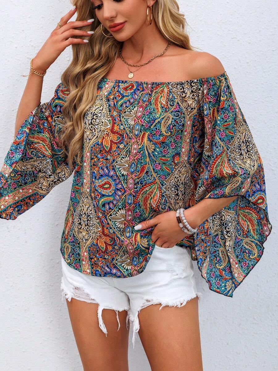 Summer Fashion Vintage Women Paisley Print Elegant Open Shoulder Flare Sleeve Top, Casual Vacation Apparel Off Shoulder 3/4 Sleeve Printed Blouse