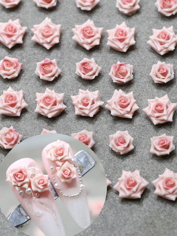 50 pezzi di decorazioni per unghie in resina con fiori di rosa di varie dimensioni, fiori di camelia rosa all'ingrosso, gioielli per unghie con strass, accessori per arte di unghie 3D, forniture per unghie