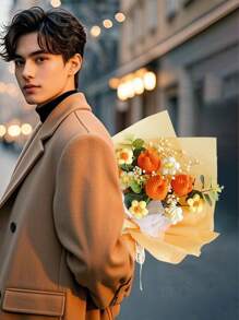 Crochet Flower Tulip Bouquet, Completed Handmade Artificial Flower Knitted Sunflower Bouquet For Festival Wedding Graduation Anniversary Mother's Day Valentine's Day Anniversary Gifts, Valentines Decorations, Wedding Decorations, Photobooth Props - 橘色 - 查看 3