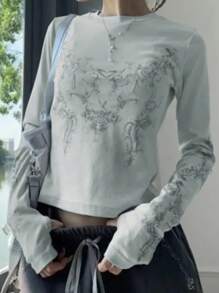 Rikumo Y2K复古印花长袖T恤，女款，美式复古摇滚街头风，韩版修身款，春季上衣，冬季款 - 淺灰色 - 查看 4