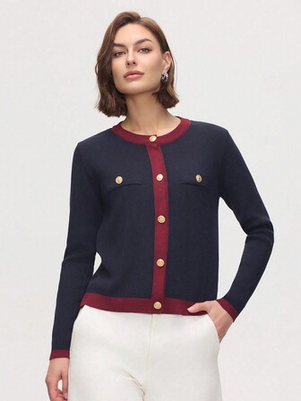 Women Contrast Color Long Sleeve Button Splice Knit Cardigan, Suitable For Spring & Autumn