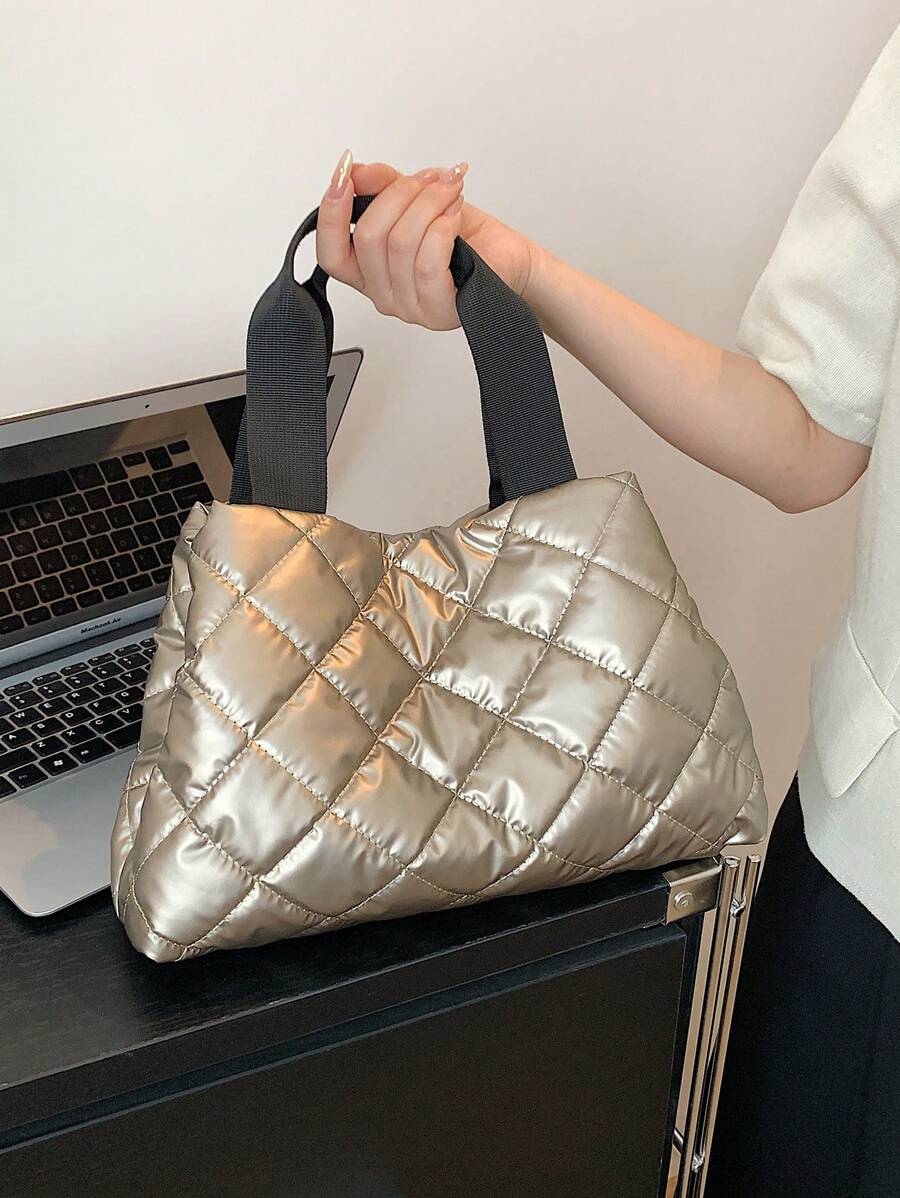 Large Capacity Solid Color Commuter Tote Bag, New Design Textured Plaid Handbag For College Students, Shoulder Bag With Embroidered Plaid
