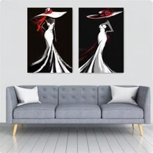 2 piezas Pósteres de arte de pared autoadhesivos con figura femenina elegante y estilosa que incluye vestido de noche de falda trompeta blanca, sombrero de ala ancha. Diseño autoadhesivo, fácil de instalar, para decoración