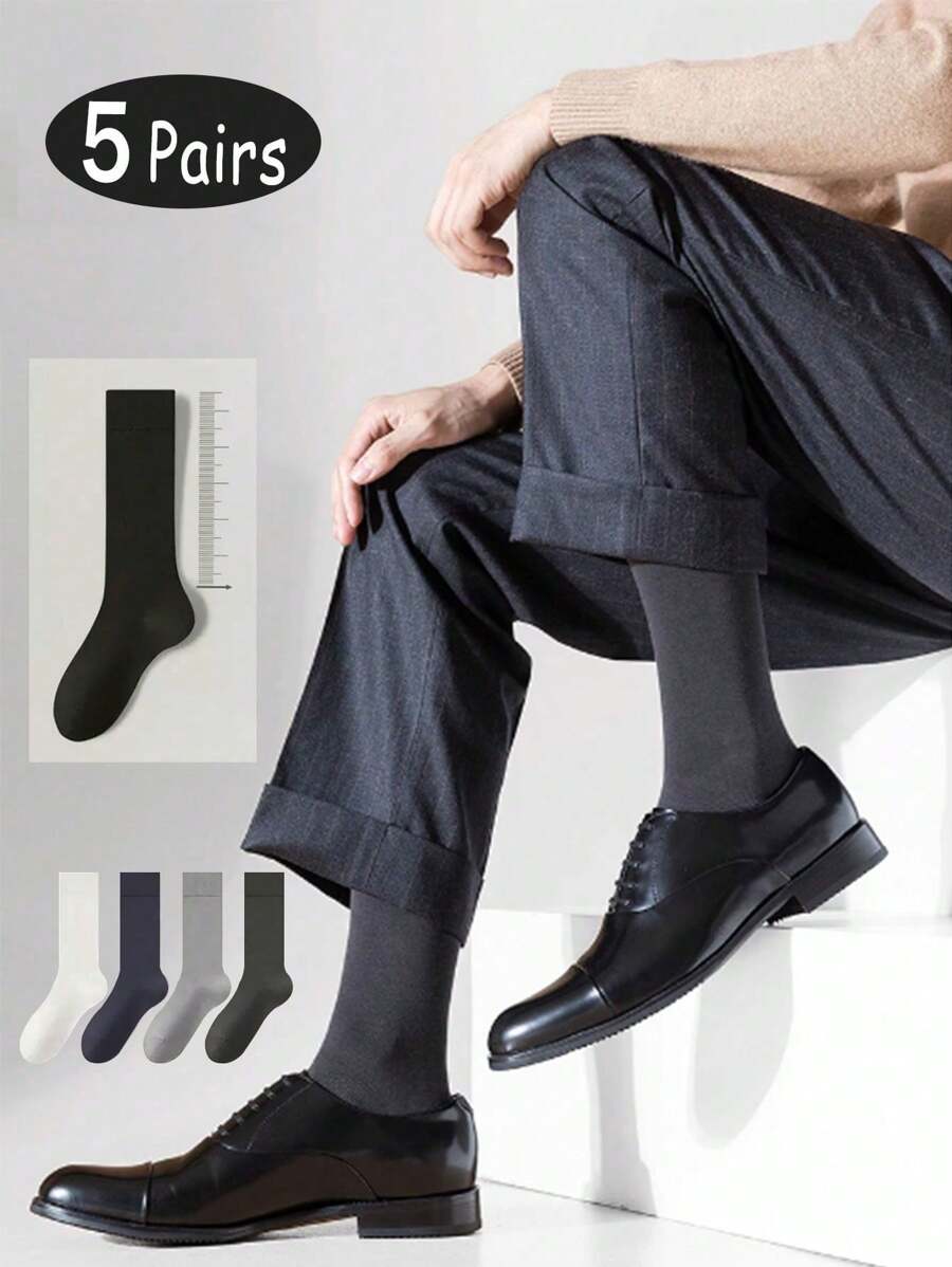 5 pares de calcetines tipo tripulación, calcetines deportivos de unicolor de negocios casuales de primavera y verano, calcetines largos minimalistas negros para jóvenes, otoño