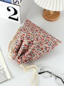 1 件红色小号花卉便携式抽绳袋糖果袋化妆包，时尚休闲大容量便携式拉链化妆包，旅行度假必需品化妆包，适用于卫生巾、袋垫、Airpods、有线耳机、Earpods、耳机、充电器、口红、化妆品、香水、护肤品和美容产品、家居装饰、适合妈妈、女性、护士、学生、女学生、钥匙、节日礼物