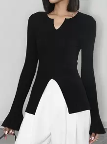 Women's V-Neck Fitted Slim Ribbed Knitted Flare Sleeve Slit Sweater - Black - View 1