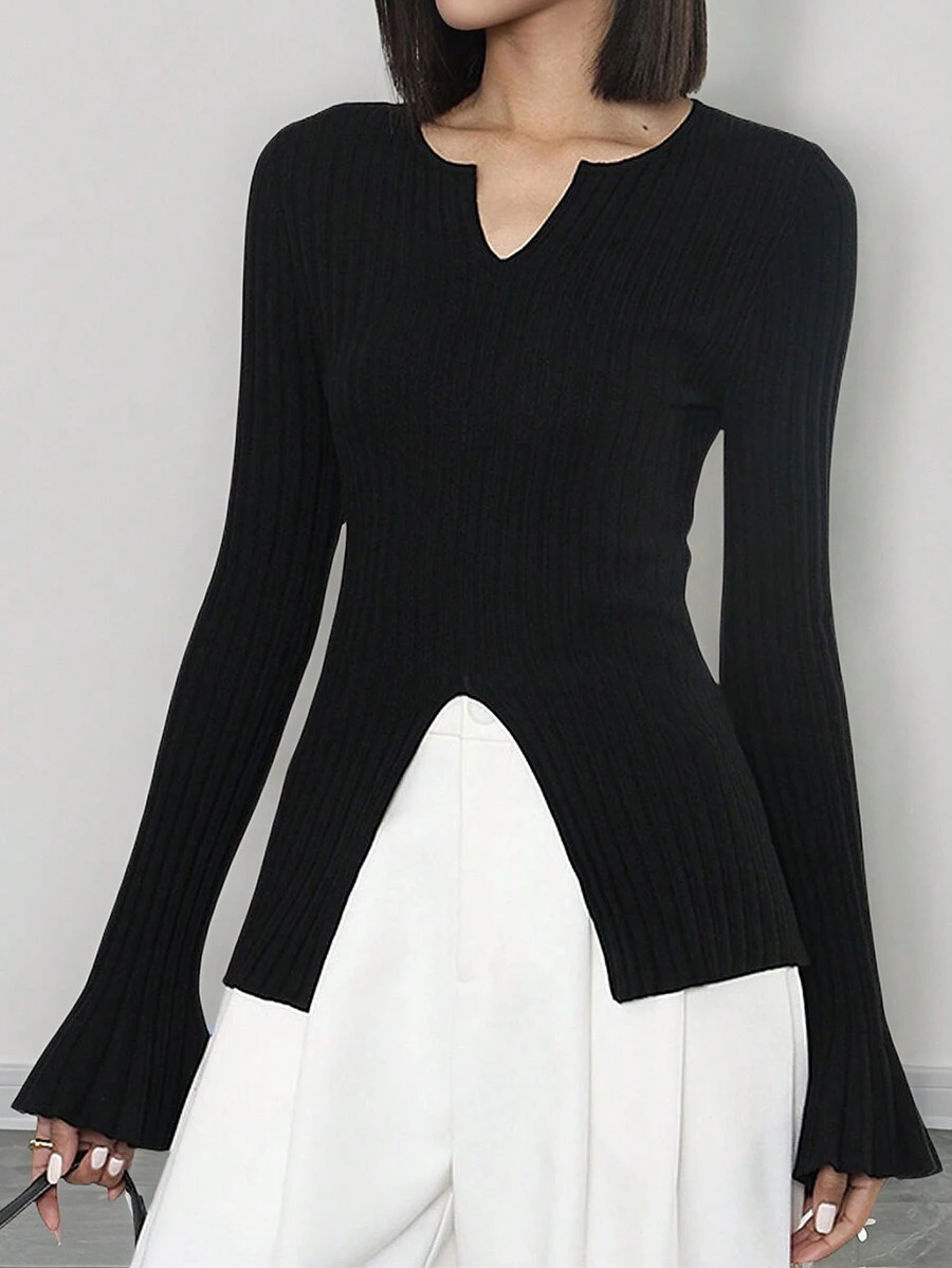 Women's V-Neck Fitted Slim Ribbed Knitted Flare Sleeve Slit Sweater - Black - View 1