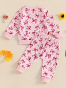 Toddler Girls 2PCS Fall Sets Long Sleeve O Neck Bow Print Tops Drawstring Pants Set - Pink - View 5