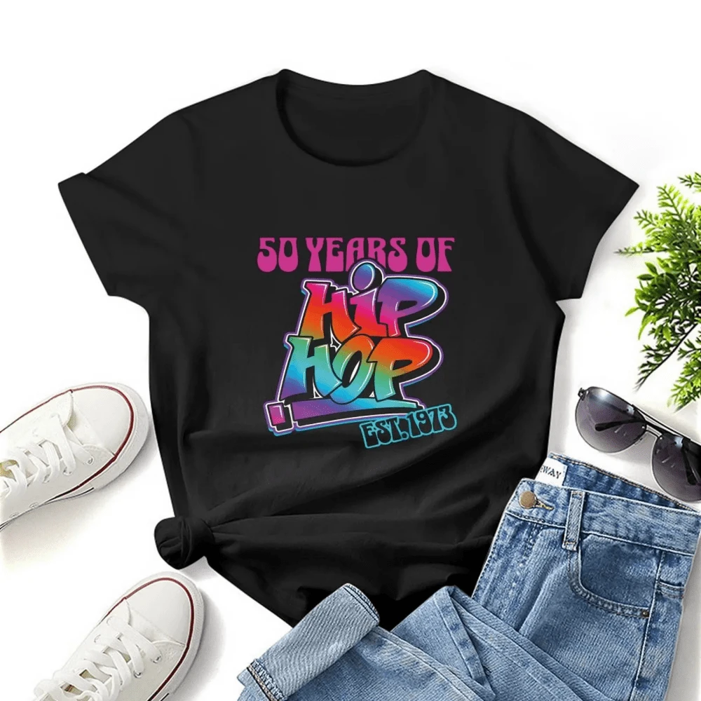Hip Hop 50 Years Print T Shirt Women Kawaii Graphic Shirts T Shirt Casual Short Sleeved B-Lack Female - Black - View 1