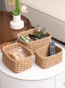 1 pezzo di cestino portaoggetti intrecciato a mano, design intrecciato creativo per cestino portaoggetti per la casa, organizzazione e conservazione domestica, adatto per soggiorno, camera da letto, dormitorio e accessori per ufficio, decorazione per la casa, decorazione in stile fattoria, Cestino portaoggetti in erba marina in stile boho con accenti in legno e rattan, decorazione moderna per patio e giardino