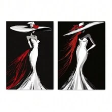 2 piezas Pósteres de arte de pared autoadhesivos con figura femenina elegante y estilosa que incluye vestido de noche de falda trompeta blanca, sombrero de ala ancha. Diseño autoadhesivo, fácil de instalar, para decoración
