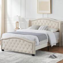 Upholstered Platform Bed Frame With Tall Headboard 47.2", Queen Bed With Velvet Button Tufted & Nailhead Trim Wingback Headboard, Luxurious Arched Footboard - White - View 1