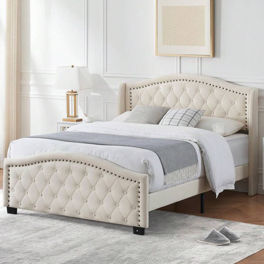 Upholstered Platform Bed Frame With Tall Headboard 47.2", Queen Bed With Velvet Button Tufted & Nailhead Trim Wingback Headboard, Luxurious Arched Footboard - White - View 1