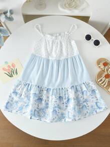 Young Girl Cute & Fun Beach Vacation Sundress Strap Dress For Summer - Blue - View 3