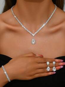 3pcs Set Necklace Earrings Bracelet Jewelry Set For Women, Rhinestone Pearl With Tassel Choker Necklace, Tassel Bracelet, Crystal Pendant Earrings, Suitable For Wedding, Bride Party