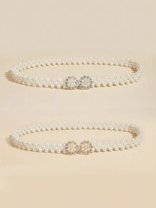 2pcs Women Pearl Elastic Waist Chain With Gold Flower & Bow Accent, Suitable For Evening Dress, Parties, Weddings, Mother's Day Gift