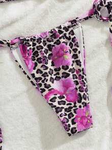 Women's Sexy Avant-Garde Leopard Floral Print Twist Halter Tie Front Bikini Swimwear, Two Pieces Swimwear Suitable For Going Out, Beach, Vacation, Music Festival, Beach Party - Multicolor - View 8