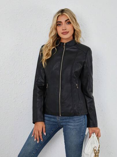 Chaqueta de motocicleta de piel sintética para mujer Giolshon - Cremallera asimétrica, cuello alto, adecuada para el estilo urbano y de transporte, negra elegante de primavera