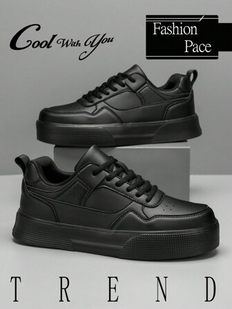 Men's Classic Black Leather Upper Lace-Up Casual Sneakers, Simple & Stylish Low-Top Fashion Leisure Shoes, Comfortable Outdoor Lightweight Elevator Couple Style