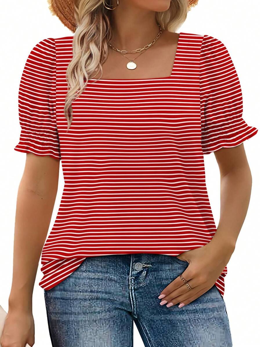 LKESRC Women's Fashion Lantern Sleeve Square Neck Tee Loose Casual Short Sleeve Elegant Summer Tops - sọc đỏ - Xem 1