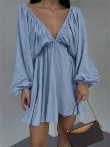 Women's Summer Vacation Solid Color Deep V-Neck Lantern Sleeve Backless Dress