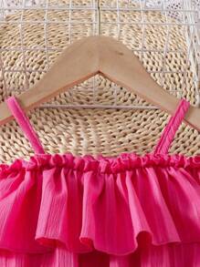 Young Girl Solid Color Ruffle Ruffle Casual Dress - Hot Pink - View 4