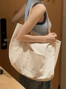 純色帆布極簡大容量時尚托特包，百搭 Ins 風購物袋，優雅必備單品 - 白色 - 查看 5