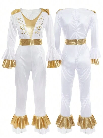 70s Super Disco 1970's Eurovision Trooper Jumpsuit White With Gold Costume Pop Fancy Dress Inspired Fancy Dress Costume Halloween Super Trooper Poncho Disco Queen Costume
