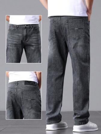 2025 Spring Summer Men's Loose Straight Fit Fashionable Casual Jeans, Black And Grey Washed Print Pants