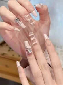 1 Count Manicure Set 24pcs Long Ballerina Press-On Gel Nails Glossy Finish Pink Bowkont Decor Silk Ribbon Full Cover Fake Nail Set Long Acrylic Nails Press On For Women Girls Manicure Decorations Supremely Fit & Natural Reusable Nail File&Adhesive Tabs