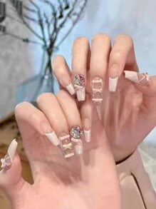 1 Count Manicure Set 24pcs Long Ballerina Press-On Gel Nails Glossy Finish Pink Bowkont Decor Silk Ribbon Full Cover Fake Nail Set Long Acrylic Nails Press On For Women Girls Manicure Decorations Supremely Fit & Natural Reusable Nail File&Adhesive Tabs