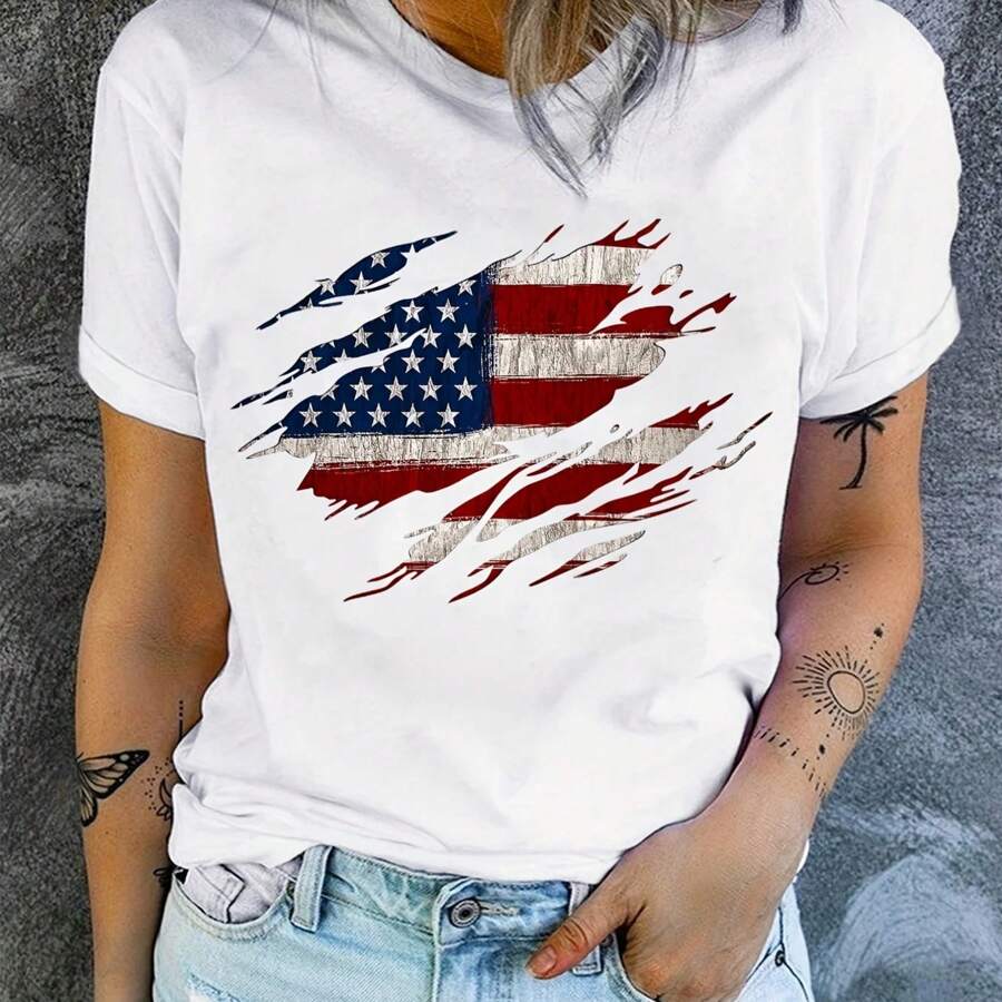 American Flag Print T-Shirt, Independence Day Short Sleeve Crew Neck Casual Top For Summer & Spring, Women's Clothing - 白色 - 查看 1