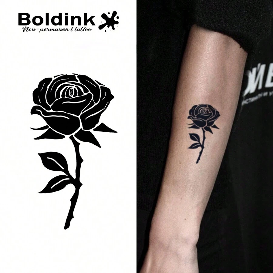 Boldink Técnica de tatuaje no permanente Boldink, diseño de silueta minimalista de rosa, nuevo diseño de tatuaje, pegatina de tatuaje, dura 1-2 semanas, diseño de tatuaje delicado, sin brillo, excelente opción para tatuaje temporal