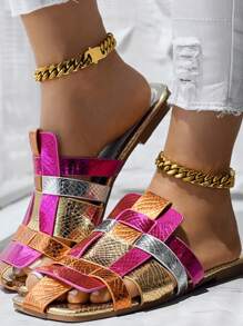 Vrouwen Kleurrijke Geweven Pantoffels Sandalen, Platte Bodem Zomer Pantoffels Met Gestructureerde Band, Casual Vierkante Neus Schoenen, Geschikt Voor Strand En Buitengebruik