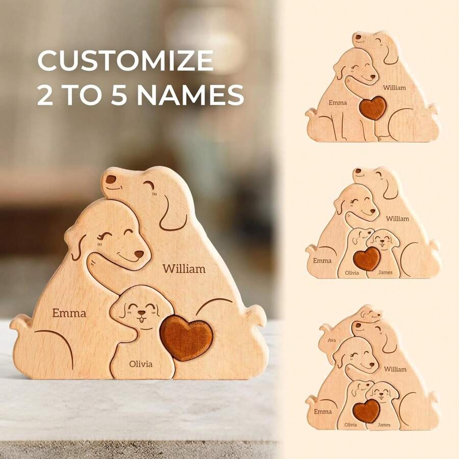 1pc,Family Dog Puzzle, Personalized Wooden Puzzles With 2-5 Family Members Names, Perfect Birthday Anniversary Wedding Gifts For Women Men Graduation - Apricot - View 1