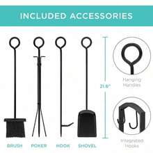 5-Piece Indoor Outdoor Wrought   Firewood Log Storage Rack Holder Firepit Tools Set For Fireplace, Fire Pit, Stove W/Hook, Broom, Shovel, Tongs - Black