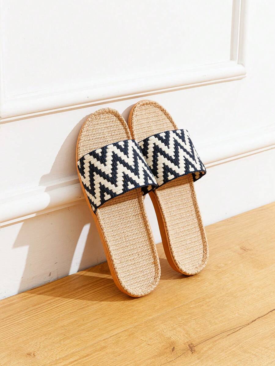 Pantofole in lino da donna, con motivo a onde, antiscivolo, per uso indoor/spiaggia, casual, adatte per primavera, estate, autunno