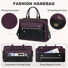 Laptop Bag For Women 15.6 Inch Laptop Tote Bag Business Office Work Bag Professional Briefcase Waterproof Leather PU Computer Bag Teacher Shoulder Bag Handbag - 紫拼黑 - 查看 7