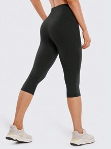 女士七分瑜伽短裤，带口袋 - 健身跑步短裤和无缝比基尼运动服，高腰运动紧身裤，适合室内外活动 - 黑色 - 查看 2