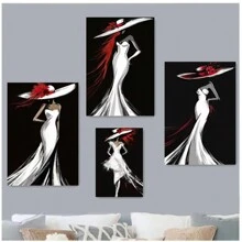2 piezas Pósteres de arte de pared autoadhesivos con figura femenina elegante y estilosa que incluye vestido de noche de falda trompeta blanca, sombrero de ala ancha. Diseño autoadhesivo, fácil de instalar, para decoración