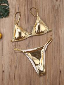 Womenacute;S Solid Color Sexy Bikini Set Shine Gold Bra And Low-Rise Triangle Shorts Swimming Suit - Vàng - Xem 4